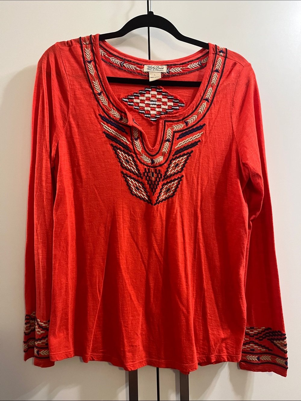 Lucky Brand Red Long-Sleeve Aztec Embroidered Henley Top Large
